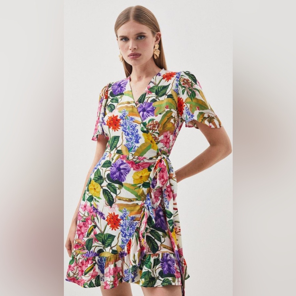 Karen Millen Multi-Color Floral Mini Wrap Dress,Size-6